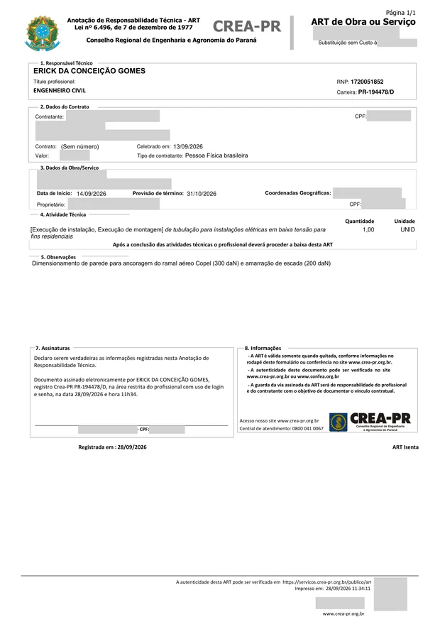 Exemplo de ART de obra ou serviço registrada no CREA-PR, com os dados do contratante ocultos.