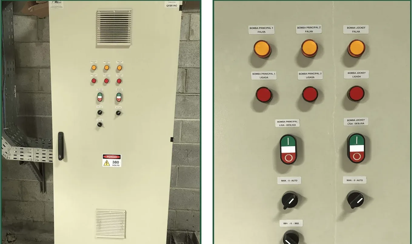 Quadro elétrico de comando das bombas de incêndio, com sinaleiros e botoeiras de acionamento.