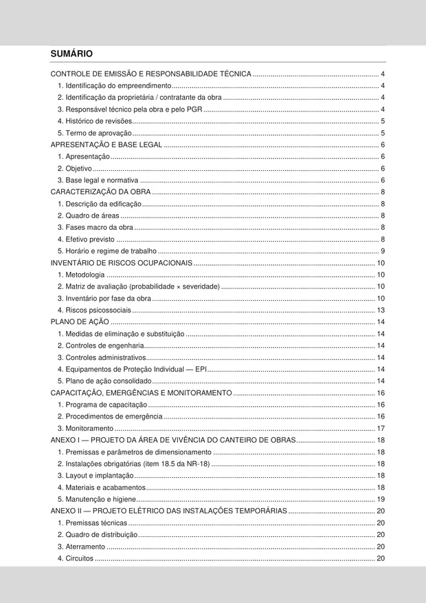 Sumário de um PGR elaborado pela ARTEMI, com inventário de riscos, plano de ação, capacitação e anexos.