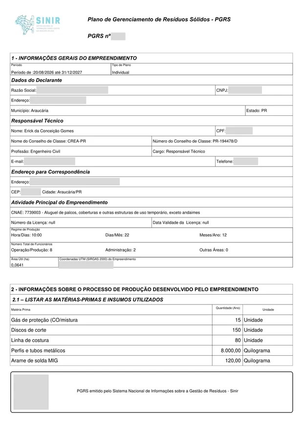 Plano de Gerenciamento de Resíduos Sólidos emitido no SINIR, com os dados do empreendimento ocultos.