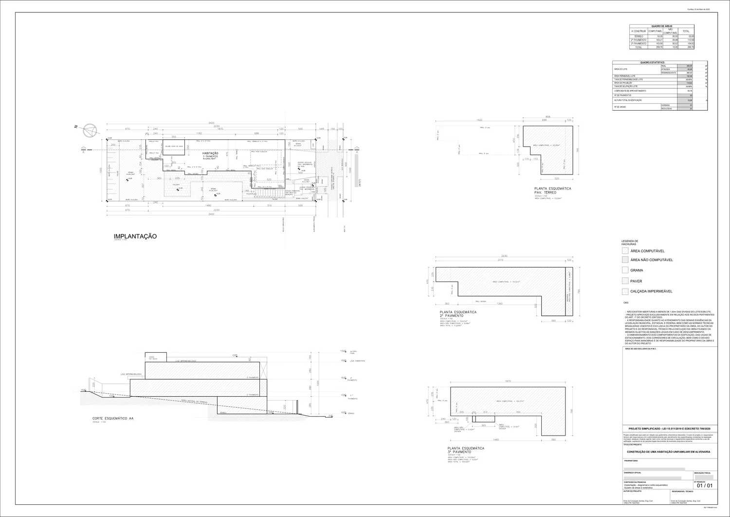 Prancha de projeto simplificado aprovada na Prefeitura, com implantação, plantas, corte e quadro de áreas.