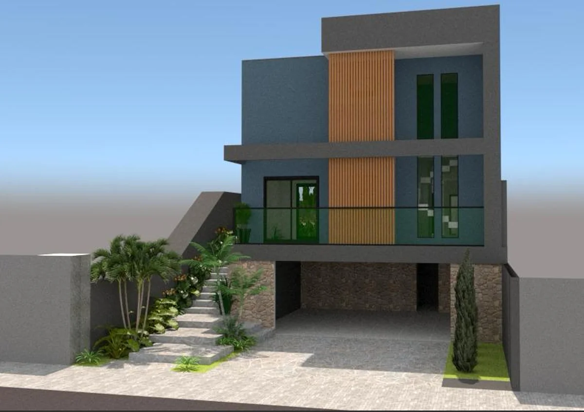 Estudo tridimensional da fachada de uma habitação unifamiliar de três pavimentos, com projeto aprovado na Prefeitura.