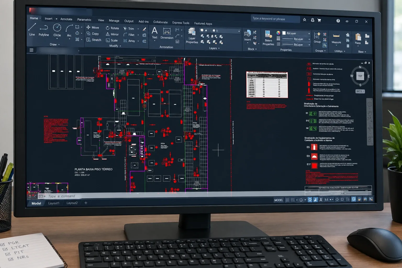 Planta baixa de projeto de segurança contra incêndio aberta em CAD, com a distribuição dos equipamentos, a legenda de sinalização e o quadro de atualizações.